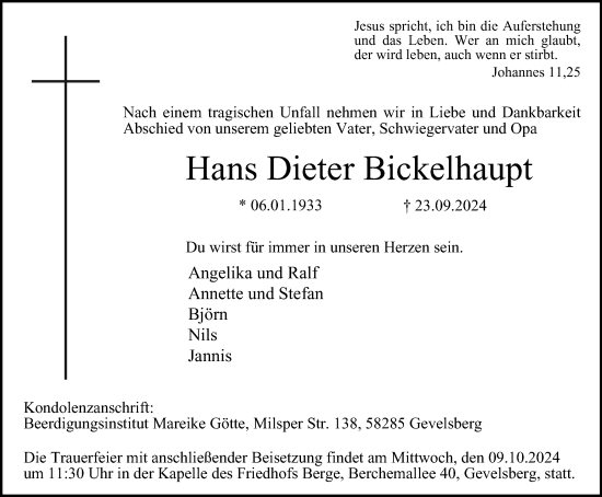 Traueranzeige von Hans Dieter Bickelhaupt von Tageszeitung