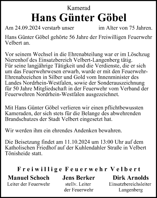 Traueranzeige von Hans Günter Göbel von Tageszeitung