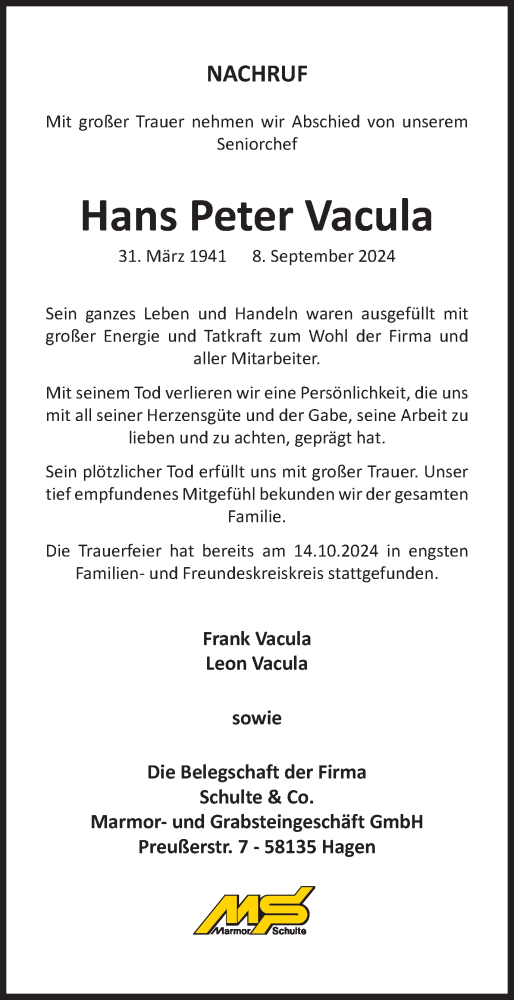 Traueranzeige von Hans Peter Vacula von Tageszeitung