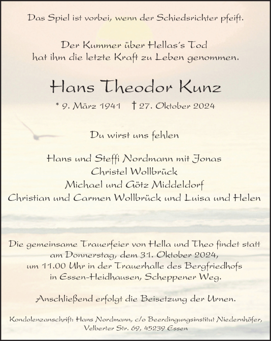 Traueranzeige von Hans Theodor Kunz von Tageszeitung