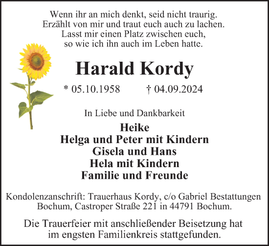 Traueranzeige von Harald Kordy von Tageszeitung