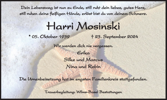 Traueranzeige von Harri Mosinski von Tageszeitung