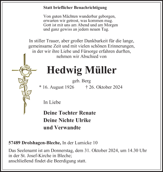 Traueranzeige von Hedwig Müller von Tageszeitung