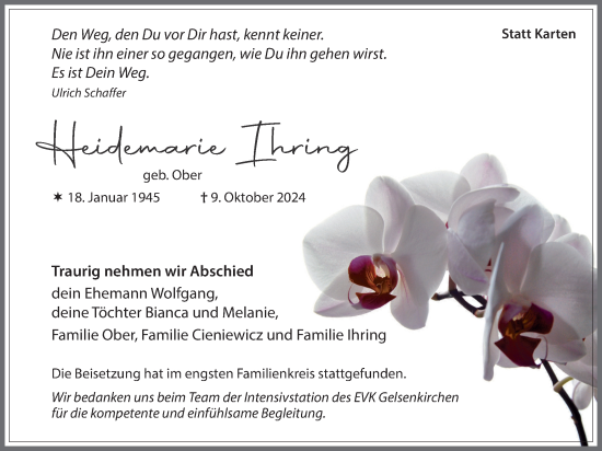 Traueranzeige von Heidemarie Ihring von Tageszeitung