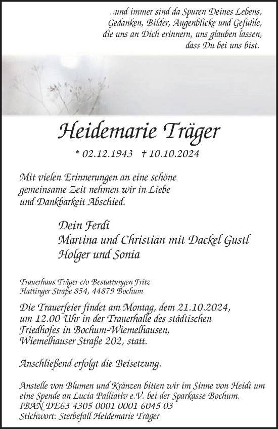 Traueranzeige von Heidemarie Träger von Tageszeitung