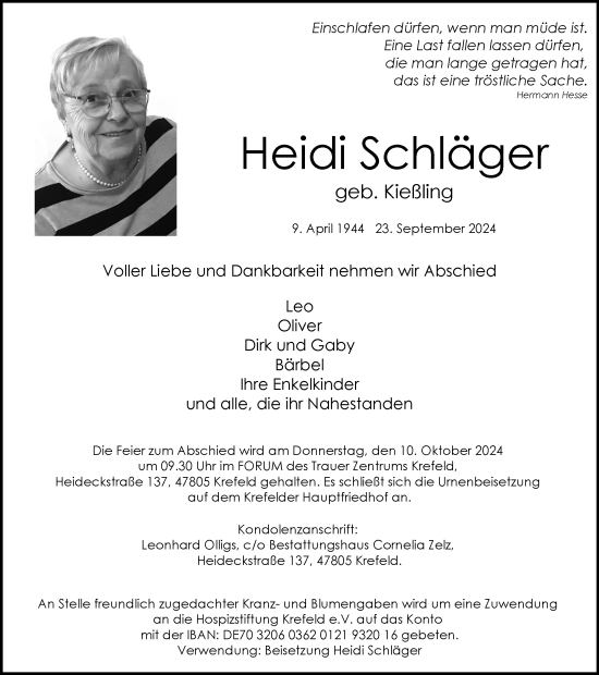 Traueranzeige von Heidi Schläger von Tageszeitung