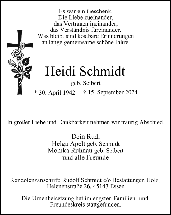 Traueranzeige von Heidi Schmidt von Tageszeitung