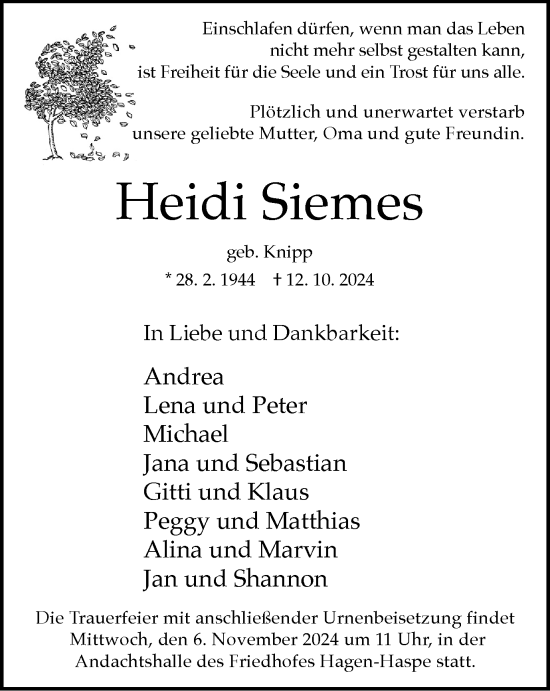 Traueranzeige von Heidi Siemes von Tageszeitung