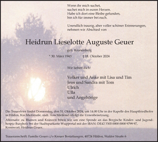 Traueranzeige von Heidrun Lieselotte Auguste Geuer von Tageszeitung