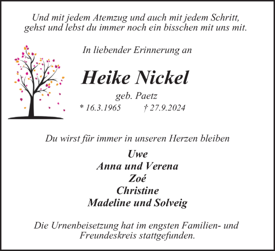 Traueranzeige von Heike Nickel von Tageszeitung