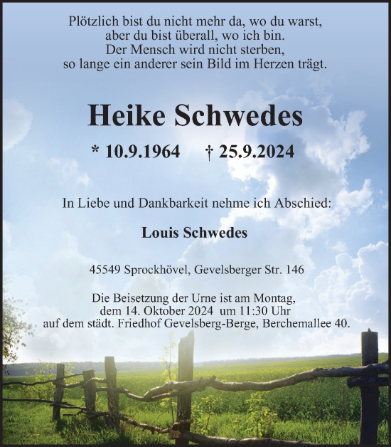 Traueranzeige von Heike Schwedes von Tageszeitung