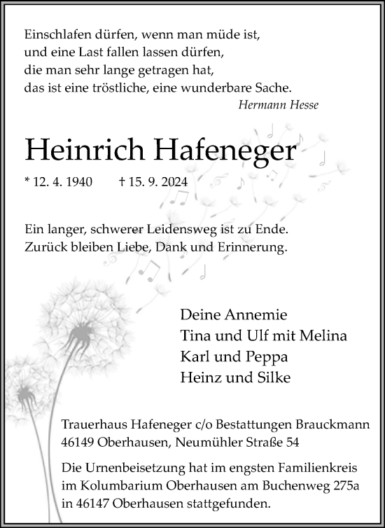 Traueranzeige von Heinrich Hafeneger von Tageszeitung