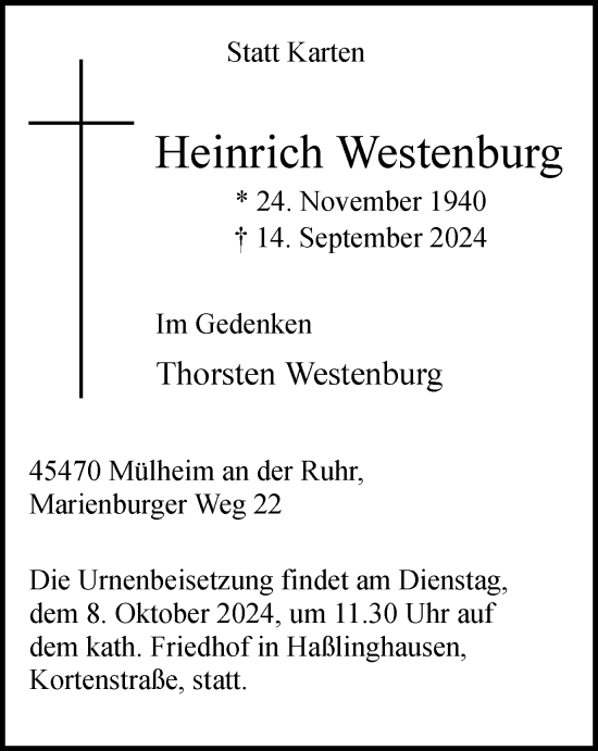Traueranzeige von Heinrich Westenburg von Tageszeitung