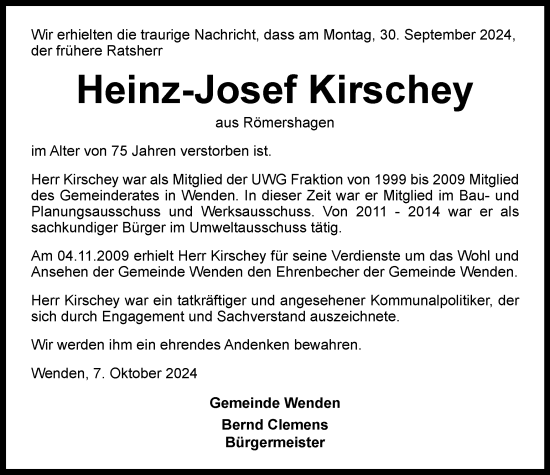 Traueranzeige von Heinz-Josef Kirschey von Tageszeitung