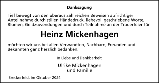 Traueranzeige von Heinz Mickenhagen von Tageszeitung