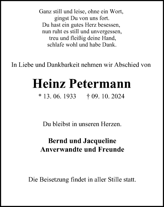Traueranzeige von Heinz Petermann von Tageszeitung