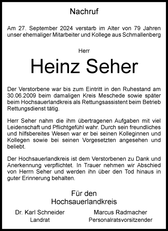Traueranzeige von Heinz Seher von Tageszeitung