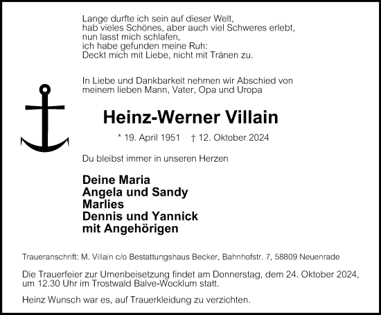 Traueranzeige von Heinz-Werner Villain von Tageszeitung