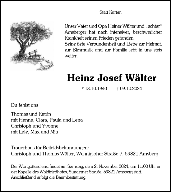 Traueranzeige von Heinz Josef Wälter von Tageszeitung