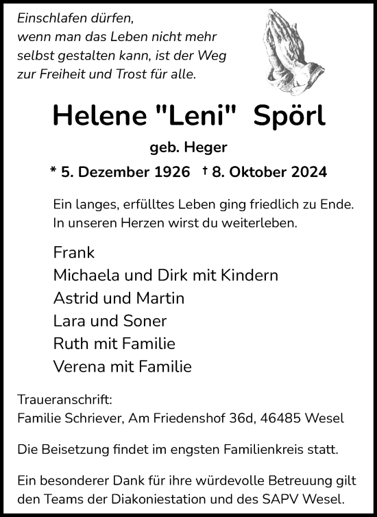 Traueranzeige von Helene Spörl von Tageszeitung