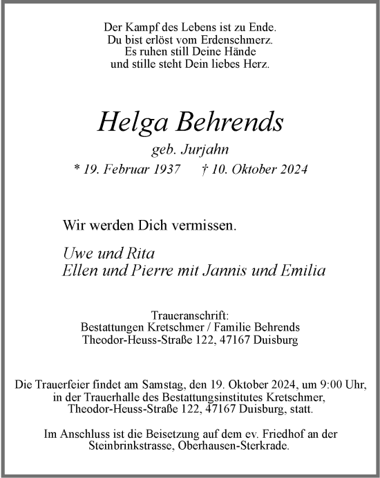Traueranzeige von Helga Behrends von Tageszeitung