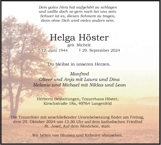 Traueranzeige von Helga Höster von Tageszeitung