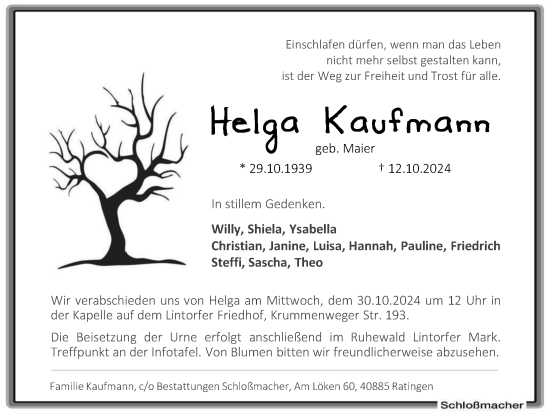 Traueranzeige von Helga Kaufmann von Tageszeitung
