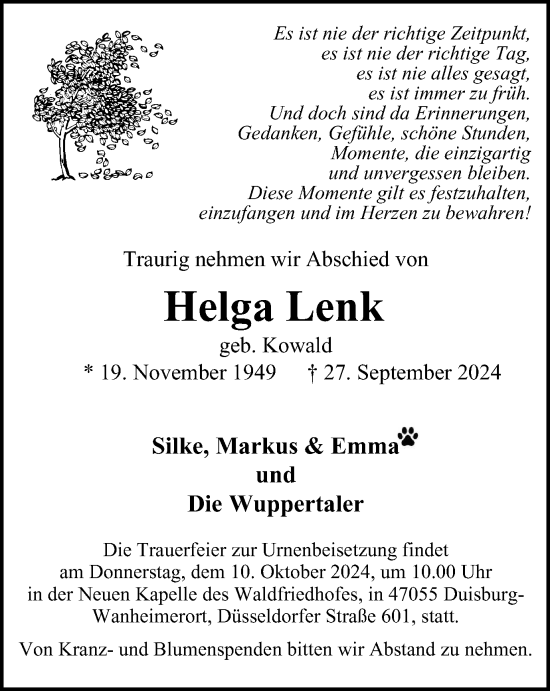 Traueranzeige von Helga Lenk von Tageszeitung