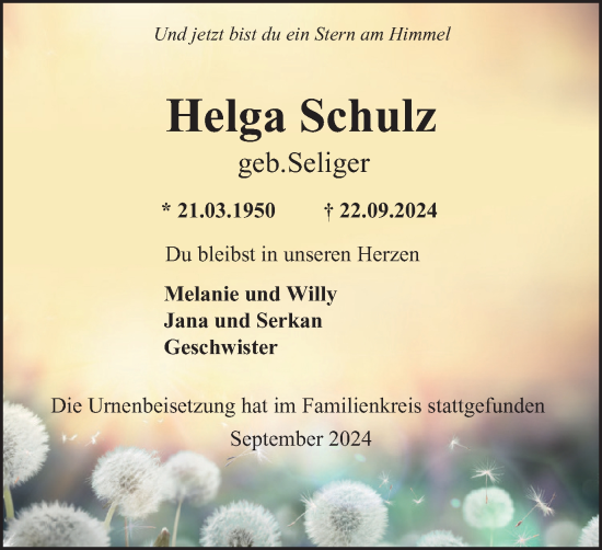 Traueranzeige von Helga Schulz von Tageszeitung
