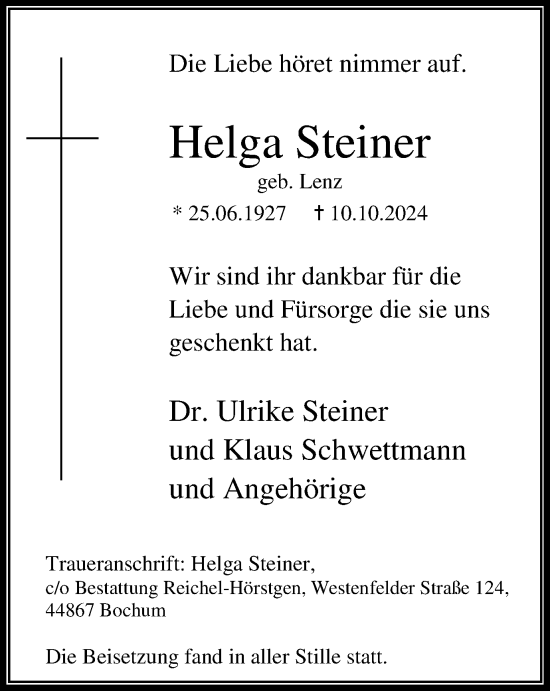 Traueranzeige von Helga Steiner von Tageszeitung