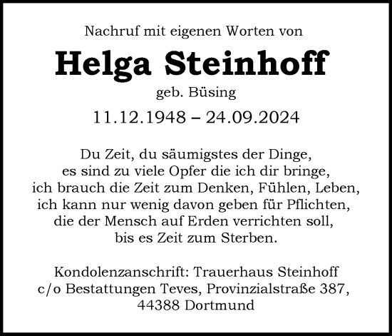 Traueranzeige von Helga Steinhoff von Tageszeitung