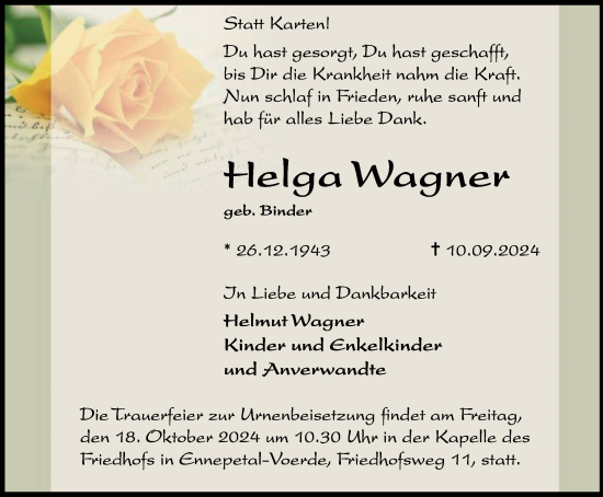 Traueranzeige von Helga Wagner von Tageszeitung