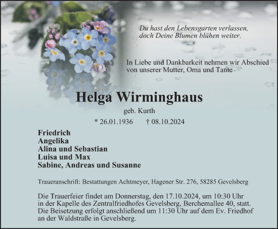 Traueranzeige von Helga Wirminghaus von Tageszeitung