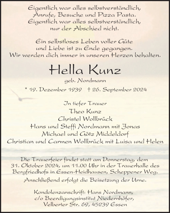 Traueranzeige von Hella Kunz von Tageszeitung