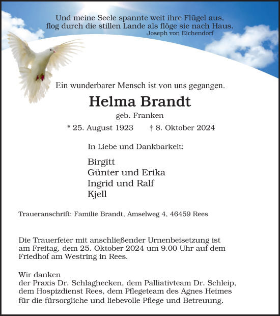 Traueranzeige von Helma Brandt von Tageszeitung