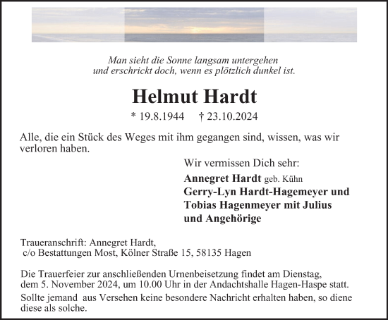 Traueranzeige von Helmut Hardt von Tageszeitung