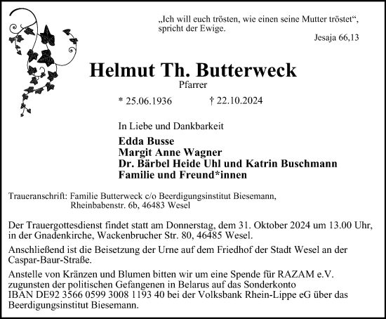 Traueranzeige von Helmut Th. Butterweck von Tageszeitung