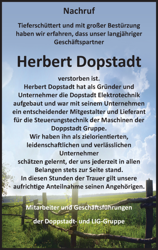 Traueranzeige von Herbert Dopstadt von Tageszeitung