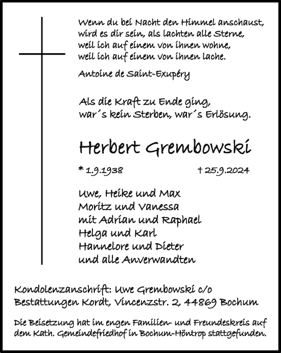 Traueranzeige von Herbert Grembowski von Tageszeitung