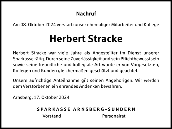 Traueranzeige von Herbert Stracke von Tageszeitung