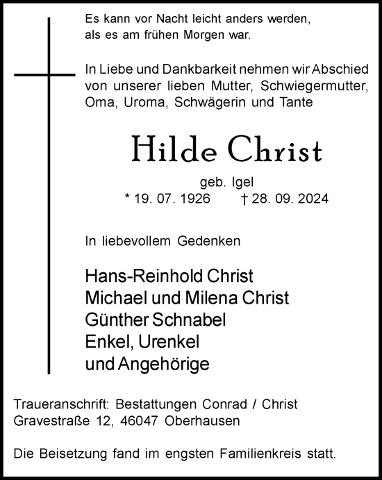 Traueranzeige von Hilde Christ von Tageszeitung