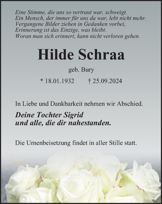 Traueranzeige von Hilde Schraa von Tageszeitung