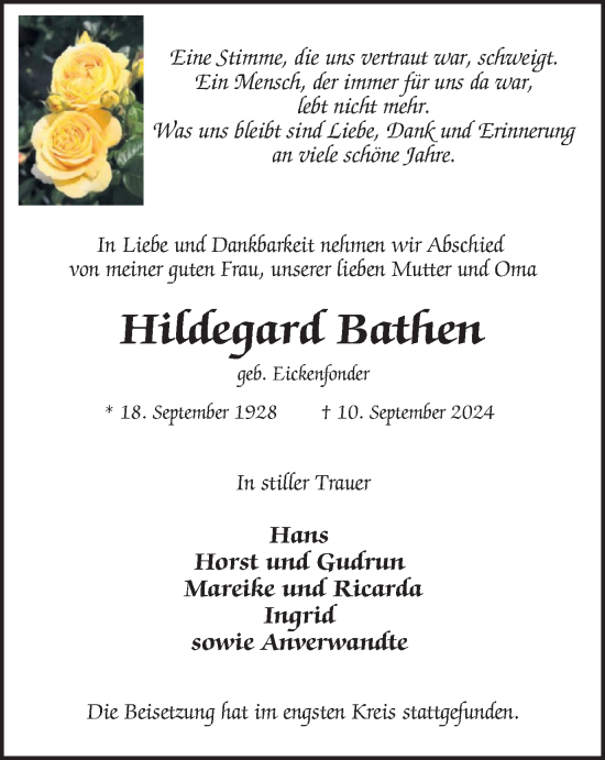 Traueranzeige von Hildegard Bathen von Tageszeitung