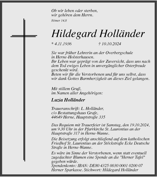 Traueranzeige von Hildegard Holländer von Tageszeitung