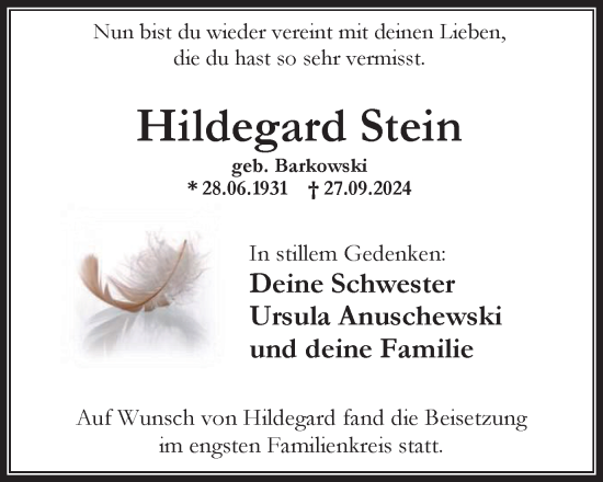 Traueranzeige von Hildegard Stein von Tageszeitung