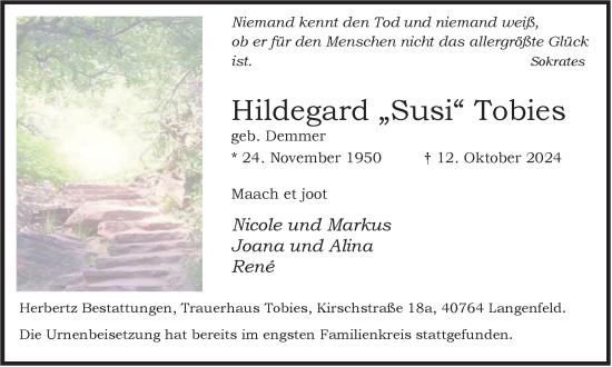 Traueranzeige von Hildegard Tobies von Tageszeitung
