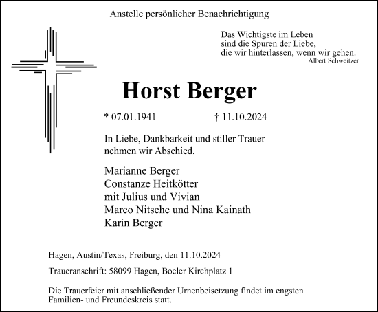 Traueranzeige von Horst Berger von Tageszeitung