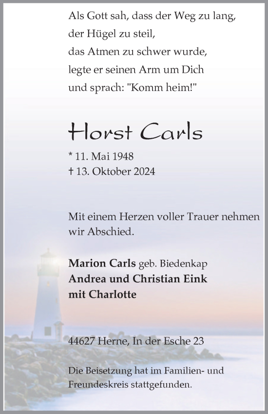 Traueranzeige von Horst Carls von Tageszeitung