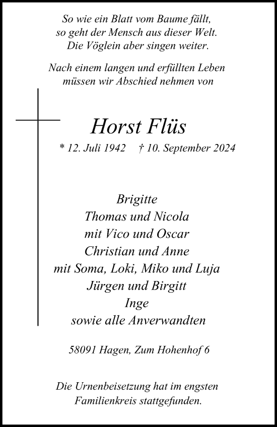 Traueranzeige von Horst Flüs von Tageszeitung