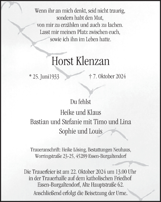 Traueranzeige von Horst Klenzan von Tageszeitung